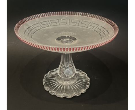 A mid-19th century cut, frosted and cranberry glass tazza - the frosted circular bowl with fluted, cranberry cased rim and Gr