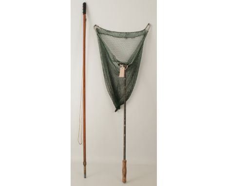 A Hardy Bros v-shaped landing net (17" x 17" x 17", 22" deep) together with a hexagonal wading stick