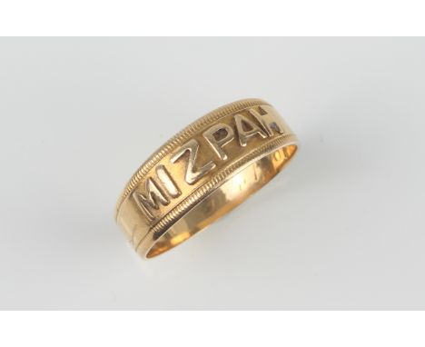 A Victorian 18ct gold MIZPAH ring - Birmingham 1887, with milled edge, engraved inscription inside shank, size T. 4.1g.