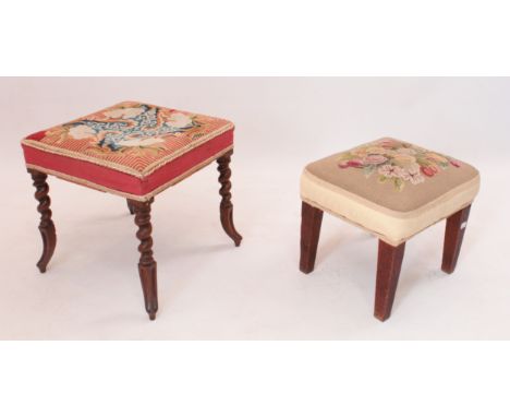 Two 19th century stools: 1. a square walnut stool, the needlework seat raised on barleytwist legs with splayed moulded feet (