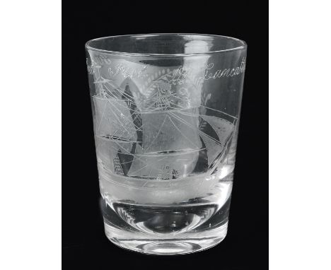 A mid-19th century ship engraved oversized glass tumbler - wheel engraved with a portrait of a two-masted merchant ship, insc