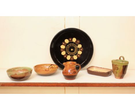 Sidney Tustin and Pat Groom at Winchcombe Pottery: six pieces - comprising a shallow circular saucer dish and two smaller bow