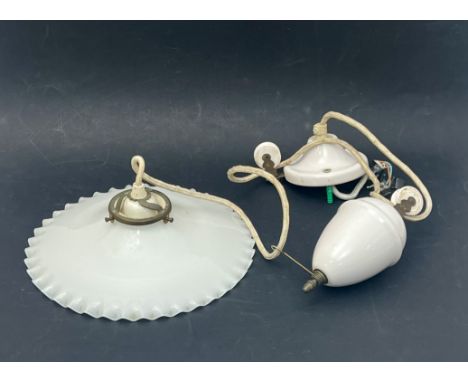 A French white opaque glass and china rise-and-fall ceiling light - mid-20th century, with frilled shade, complete, 23.5cm di