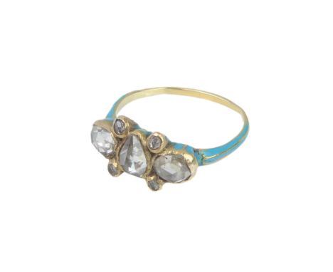 A 19th century yellow gold, enamel and diamond ring - unmarked (tests as 18ct), with three principal mine-cut diamonds (the c