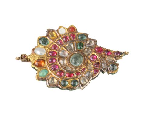 An Indian 21/22ct gold, enamel and multi-gem set brooch - probably first half 20th century, of spiralled foliate form, set wi