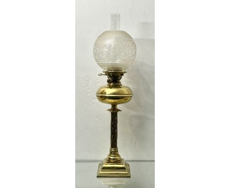 A 19th century Hinks &amp; Sons brass column oil lamp - with etched globe shade and chimney, 'Hink's No.2 Duplex' burner over