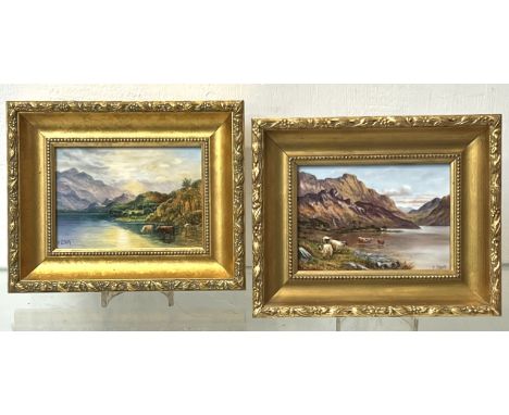 A pair of framed porcelain plaques hand painted by the ex-Royal Worcester artist Francis Clark - depicting Highland scenes wi