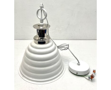 A Neptune chrome and white painted metal pendant ceiling light - with ribbed 'beehive' style shade and chrome vented mount, w