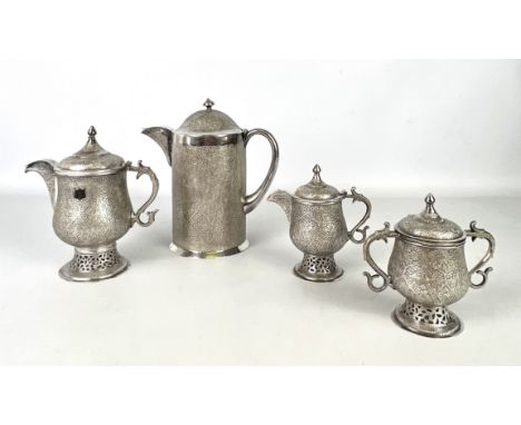 A fine quality Indian assembled four piece white metal tea and coffee service, probably Kashmir - early 20th century, compris