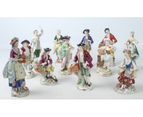 Twelve German porcelain figures, the majority by Sitzendorf - 20th century, including four pairs, all depicting male and fema