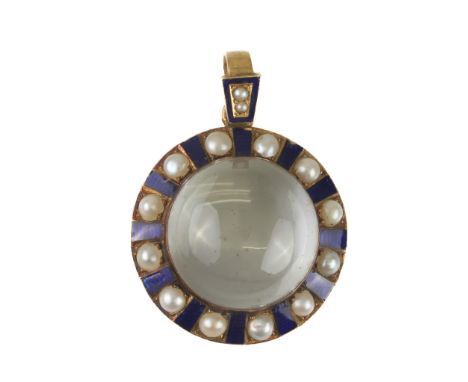 An antique 18ct gold, enamel, rock crystal and pearl 'pool of light' target pendant - unmarked, tests as 18ct gold, 2.6cm dia