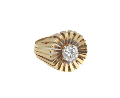 A vintage 18ct yellow gold and diamond single stone ring - stamped '750', probably 1970s, the claw set brilliant cut diamond 