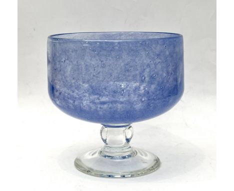 A French art glass large pedestal bowl by La Rochere - etched factory mark, the cupped bowl in mottled and bubbled blue glass