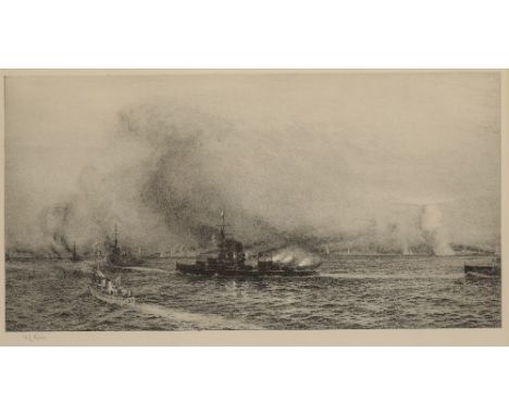 WILLIAM LIONEL WYLLIE (1851-1931) 'The Battle of Jutland' signed in pencil to the margin, 25.5cm x 49cm; and another smaller 