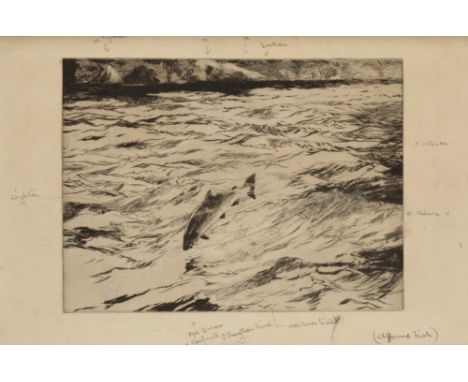 •NORMAN WILKINSON (1878-1971) 'A Game Fish' Artist's final corrected proof, drypoint etching with pencil annotations, 29cm x 