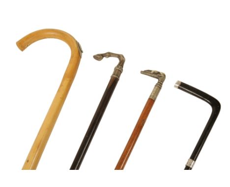 LATE 20 TH CENTURY HORSE MEASURING STICK with bamboo shafth ,Bull whip and three other walking sticks ( 5 )
