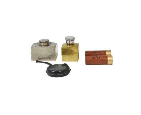 PAIR OF VINTAGE ELEY SNAP CAP 12BORE WOODEN CARTRIDGES, G &amp; JW Hawksley metal oil bottle, a brass gun oil bottle and a gu