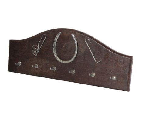 SWAINE &amp; ADENEY LTD LONDON SILVER PLATED AND OAK WHIP RACK with horseshoe decoration and hunting crops, 6cm x 20cm