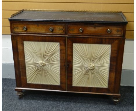 A REGENCY CHIFFONIER with brass floral galleried marble top, brass inlaid to rosewood and with pleated and rosette fabric pan