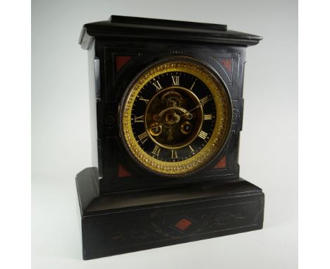 VICTORIAN POLISHED SLATE AND MARBLE MANTLE CLOCK of architectural form, the circular black enamel Roman numeral dial surround
