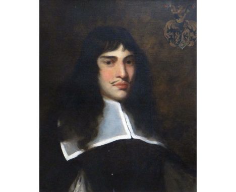 BRITISH SCHOOL oil on canvas - head and shoulders portrait of Carolean period type gentleman with moustache and long-hair and