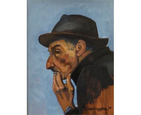 JOHN CHERRINGTON oil on board - head and shoulders portrait of elderly man in hat, signed and dated 1991, 29 x 22cms Provenan