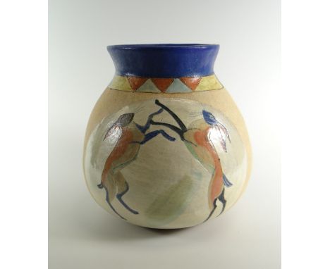 JILL FANSHAWE KATO stoneware vase of bulbous form with pastel coloured geometric decoration, deep blue neck and a panel depic