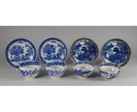 A PAIR OF 1ST PERIOD WORCESTER TEA-BOWLS & SAUCERS together with a pair of similar with gilt rims