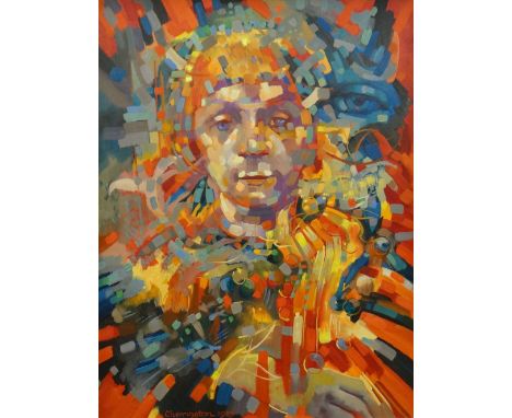 JOHN CHERRINGTON oil on board - psychedelic colourful portrait, signed and dated 1983, 78 x 60cms Provenance and notes: pleas
