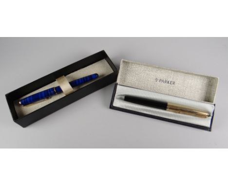 VINTAGE BLACK PARKER 61 FOUNTAIN PEN with engine-turned rolled gold cap (name engraved on barrel) together with a modern boxe