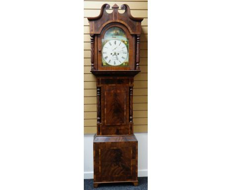 A SOUTH WALES VICTORIAN LONGCASE CLOCK with eight-day movement, painted Italianate dial, cross-banded mahogany case with carv