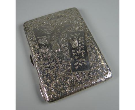 A FINE CHASED SILVER PURSE / CARD CASE decorated in the Chinese-style with five vignettes and a monogrammed cartouche within 