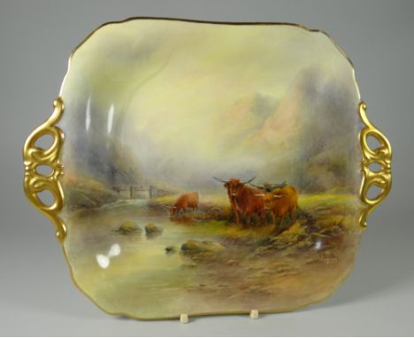 A ROYAL WORCESTER TWIN-HANDLE DISH decorated with three Highland-cattle watering at a river with footbridge by Harry Stinton,