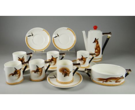A RARELY SEEN ROYAL DOULTON 'REYNARD THE FOX' COFFEE-SET comprising coffee pot, six demitasse & saucers and twin-handled basi