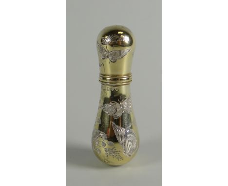 A CASED VICTORIAN SILVER-GILT SCENT BOTTLE with screw-top and engraving decorated with butterflies and wild-flowers, London 1