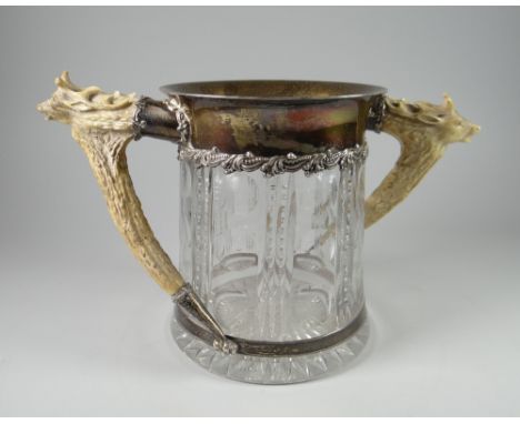 A RARE SILVER, ANTLER & GLASS TOASTING VESSEL believed American, late nineteenth / early twentieth century (silver marked STE