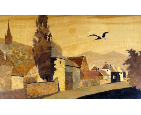 CHARLES SPINDLER (1865 - 1938) marquetry panel - French village scene with flying stork, entitled verso 'Thann', signed, 19 x
