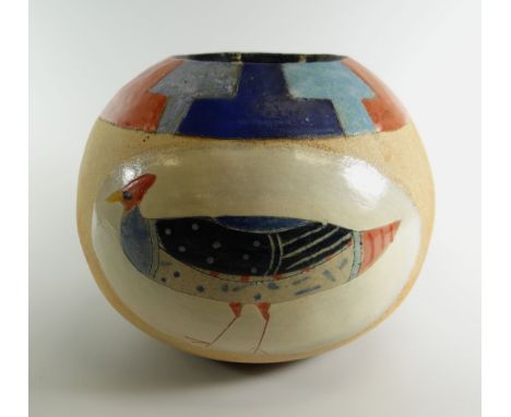 JILL FANSHAWE KATO stoneware globular vase with narrow neck, pastel coloured decoration to neck and body and with a panel of 