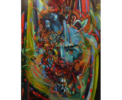 JOHN CHERRINGTON oil on board - colourful psychedelic portrait, signed and dated 1984, 84 x 68cms  Provenance and notes: plea