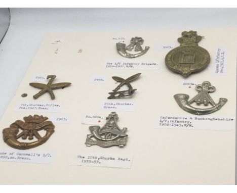 An album containing military cap badges mainly Light Infantry and Gurkhas and others mounted on four cards. With detailed des