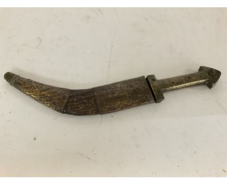 Early Middle Eastern curbed dagger brass handle and brass and wood sheath 32cm length