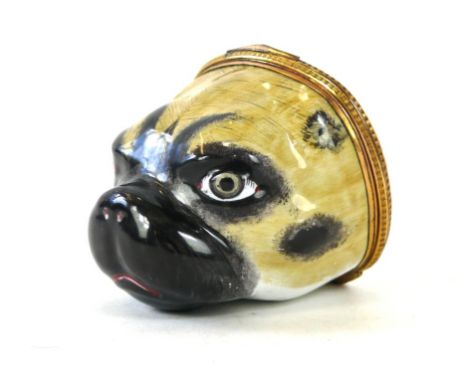 A fine 18th Century Birmingham enamel Pugs head
Bonboniere, painted in naturalistic style, with hinged cover, length 6cm, com