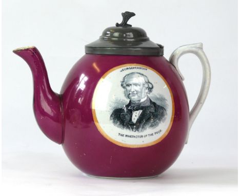 A 19th Century baluster form Staffordshire pictorial teapot
Having pewter collar and cover having transfer printed panels dep