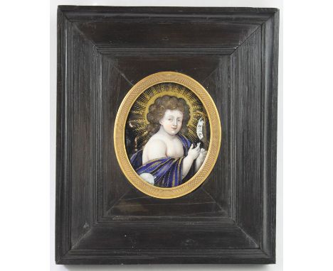 An ecclesiastical Limoges enamel portrait, 18th Century
Oval portrait of John the Baptist holding a staff in his left hand wi