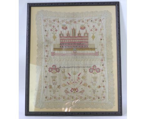 A needlework sampler by Anne Baxendale dated 1839
With design of a large country house with gates and fencing in foreground, 