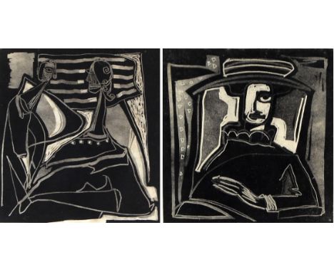 Tadeusz Was (Polish, 1912-2005) - 'Abstract figure in a hat' and 'Abstract figures'
A pair of signed limited edition soot cut