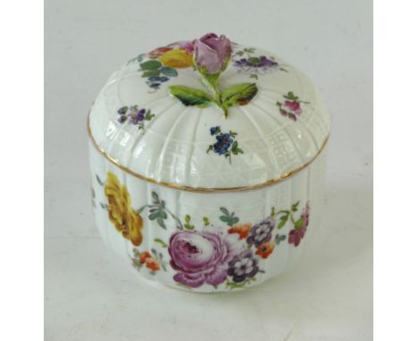 A Meissen 'Deutsche Blumen' basket weave lidded sucrier and cover
The lobbed form circular vessel surmounted by a domed cover