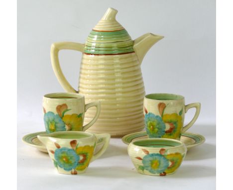 A Wilkinson pottery Clarice Cliff coffee service 
Decorated in the Sundew pattern, comprising coffee pot, cream jug, sugar bo