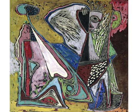 Tadeusz Was (Polish, 1912-2005) - 'Abstract figures'
Mixed media over soot cut, signed, inscribed, approx 40x33cm, framed. (i