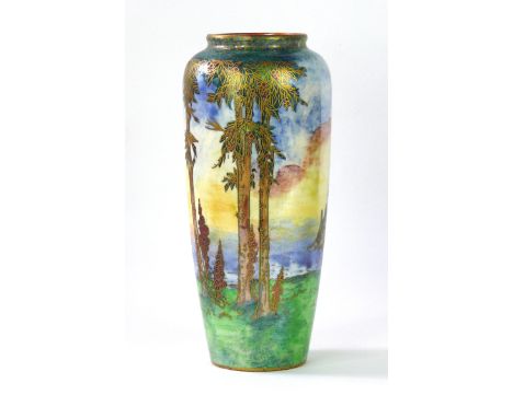 An impressive Royal Worcester Crown Ware lustre vase of cylindrical form
Decorated with a castle in landscape, gilt factory m